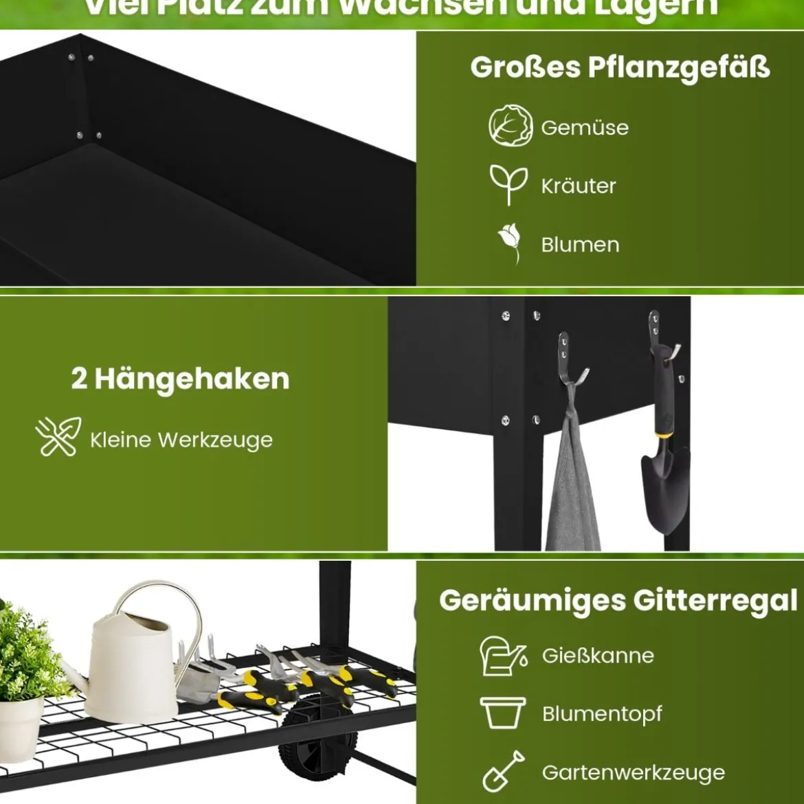Metall Hochbeet mit Ablage & 2 Rollen & Haken & Griff Erhöhtes Gartenbeet Pflanzkasten Schwarz