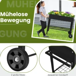 Metall Hochbeet mit Ablage & 2 Rollen & Haken & Griff Erhöhtes Gartenbeet Pflanzkasten Schwarz
