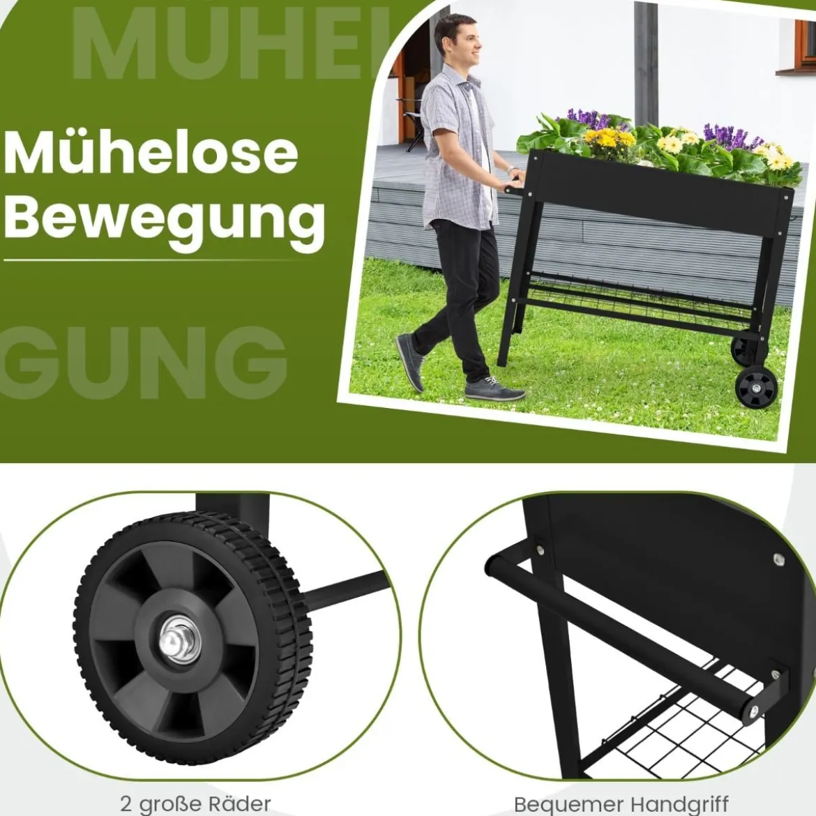 Metall Hochbeet mit Ablage & 2 Rollen & Haken & Griff Erhöhtes Gartenbeet Pflanzkasten Schwarz
