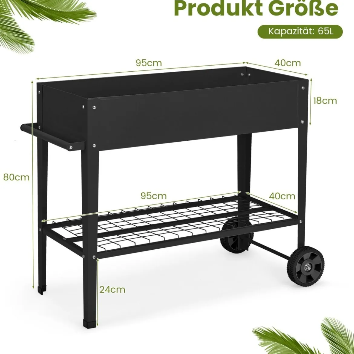 Metall Hochbeet mit Ablage & 2 Rollen & Haken & Griff Erhöhtes Gartenbeet Pflanzkasten Schwarz