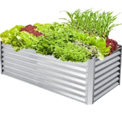 Metall Hochbeet mit 4 Bodenpfählen Pflanzkasten Rechteckiges Frühbeet für Gemüse Silber