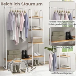 Metall Kleiderständer mit 4 Regalen Moderner Tragbarer Kleiderschrank-Organizer Natur