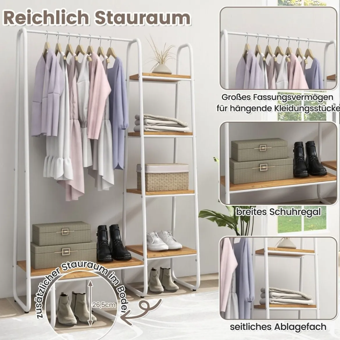 Metall Kleiderständer mit 4 Regalen Moderner Tragbarer Kleiderschrank-Organizer Natur