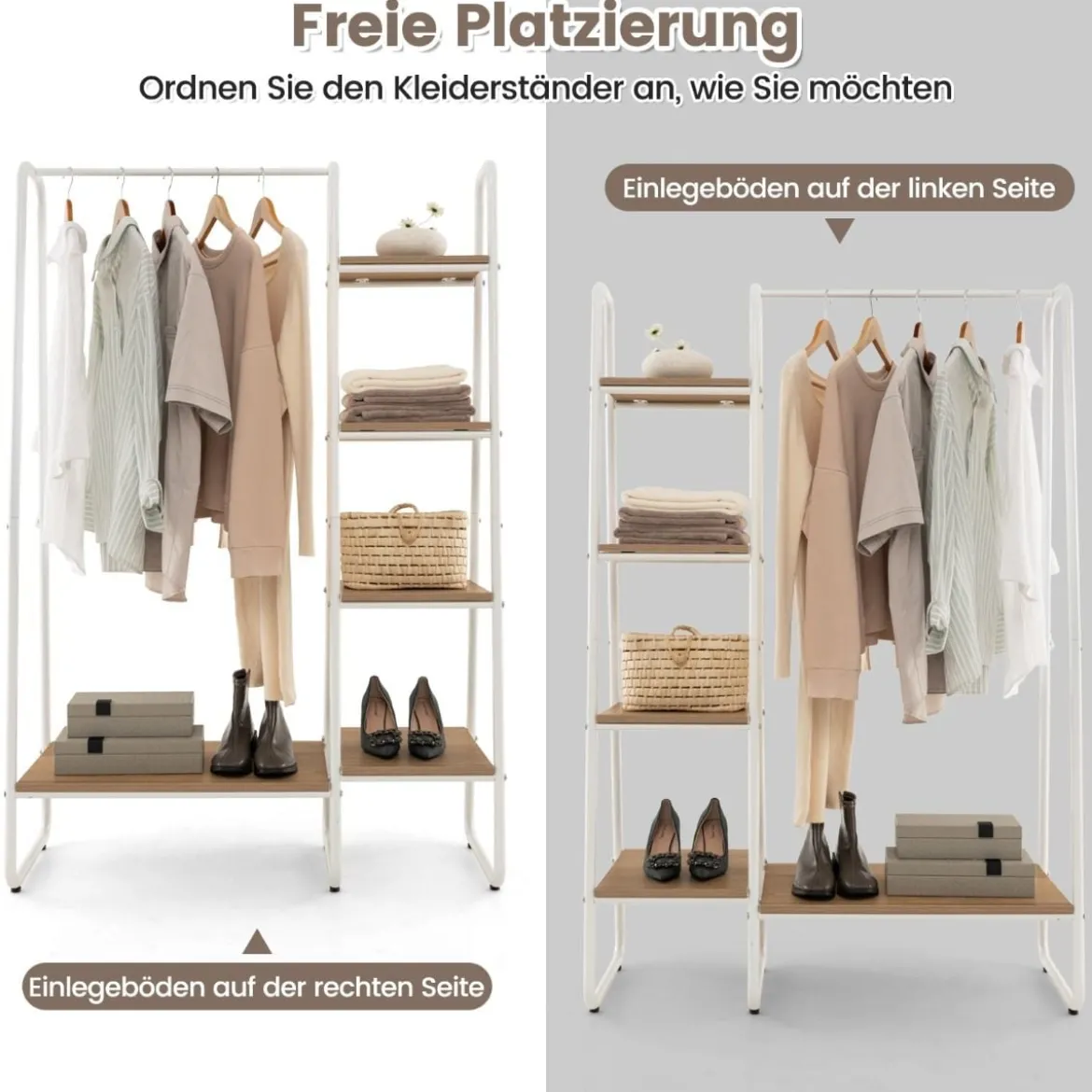 Metall Kleiderständer mit 4 Regalen Moderner Tragbarer Kleiderschrank-Organizer Natur