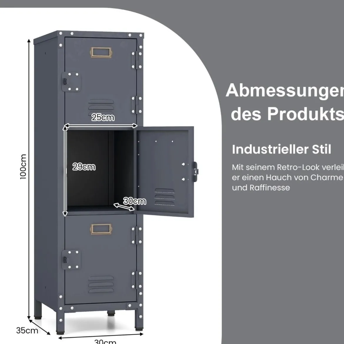 Metall Lagerspind mit 3 verschließbaren Türen & verstellbaren Füßen Industrieschrank Vintage
