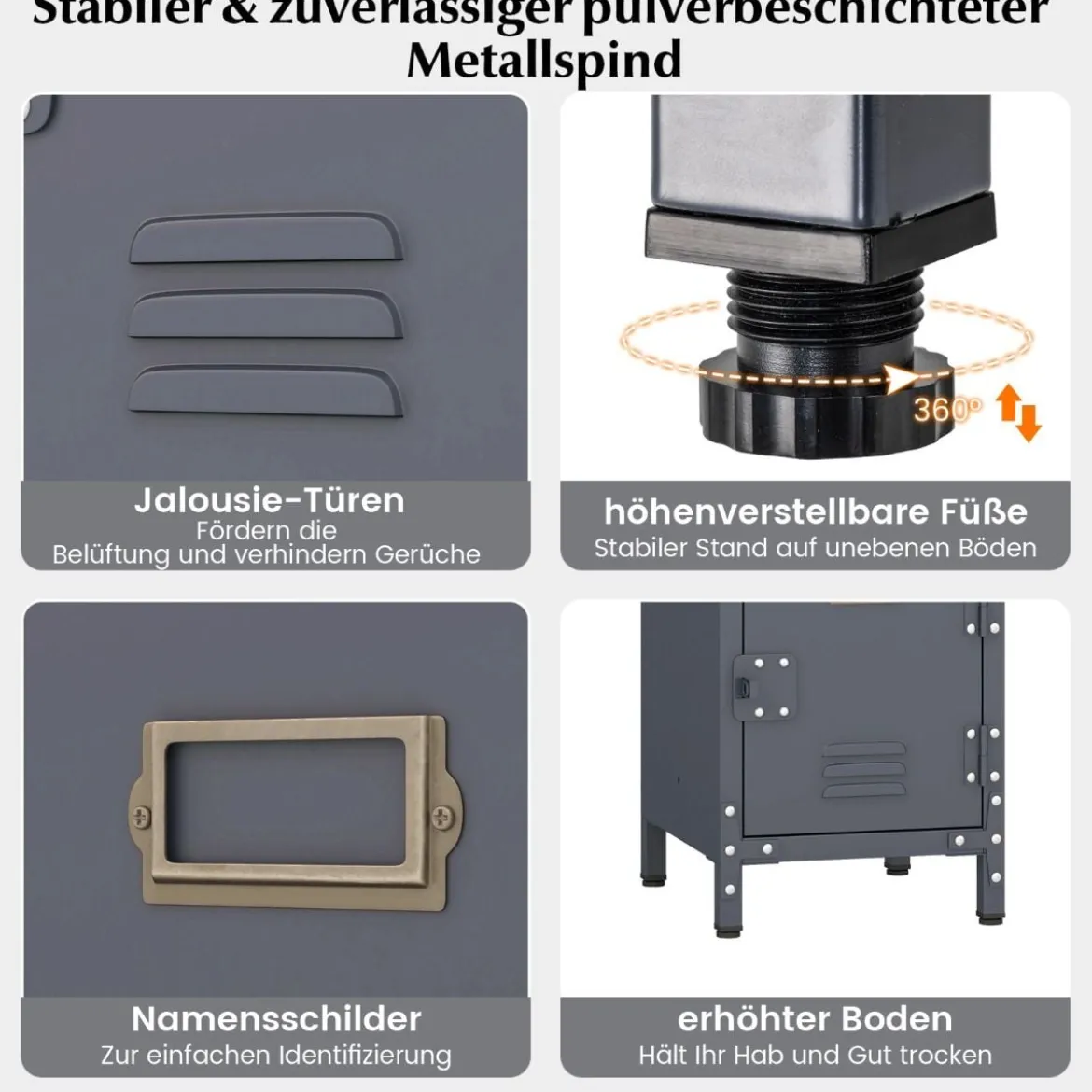 Metall Lagerspind mit 3 verschließbaren Türen & verstellbaren Füßen Industrieschrank Vintage