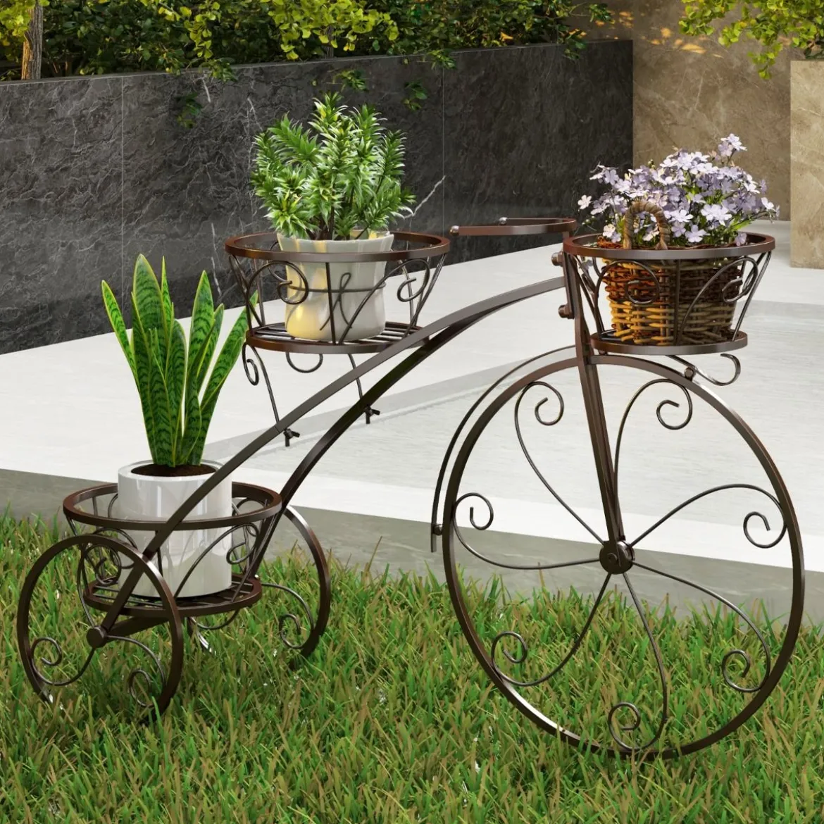 Metall Pflanzenständer mit Fahrrad-Design Blumenregal mit 3 Körben Blumenständer
