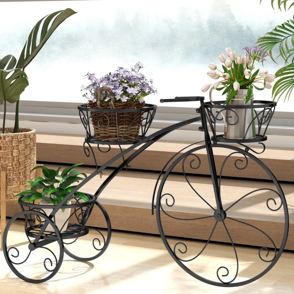 Metall Pflanzenständer mit Fahrrad-Design Blumenregal mit 3 Körben Blumenständer