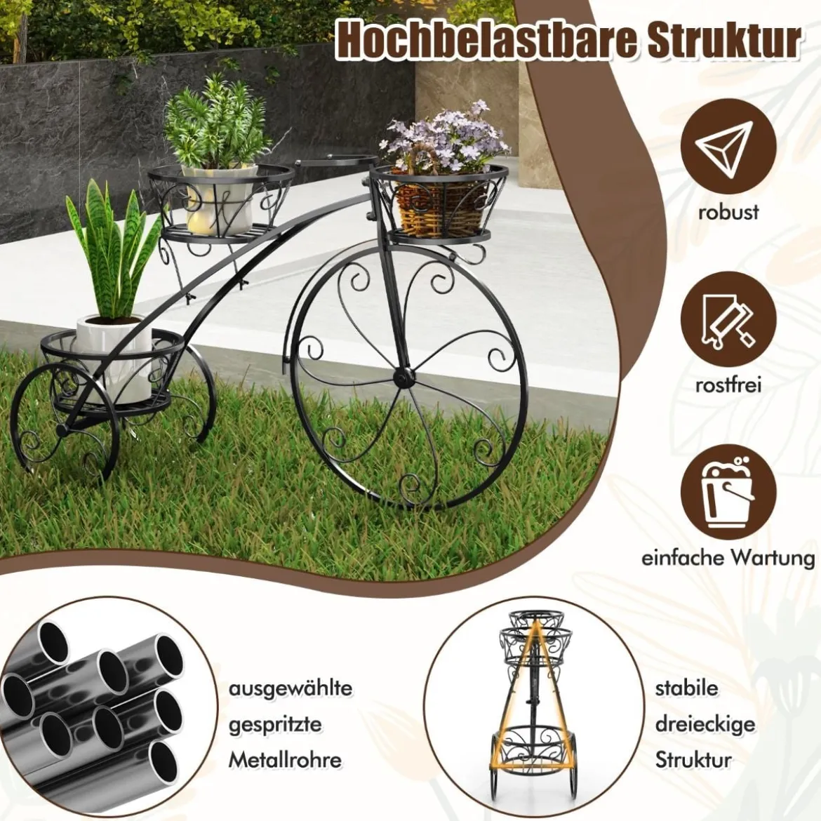 Metall Pflanzenständer mit Fahrrad-Design Blumenregal mit 3 Körben Blumenständer