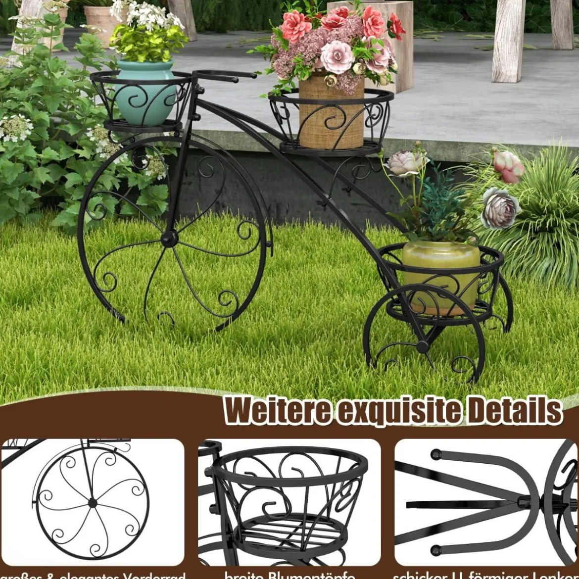 Metall Pflanzenständer mit Fahrrad-Design Blumenregal mit 3 Körben Blumenständer
