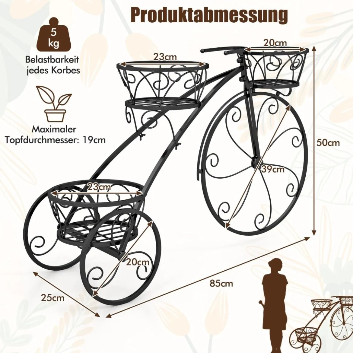 Metall Pflanzenständer mit Fahrrad-Design Blumenregal mit 3 Körben Blumenständer