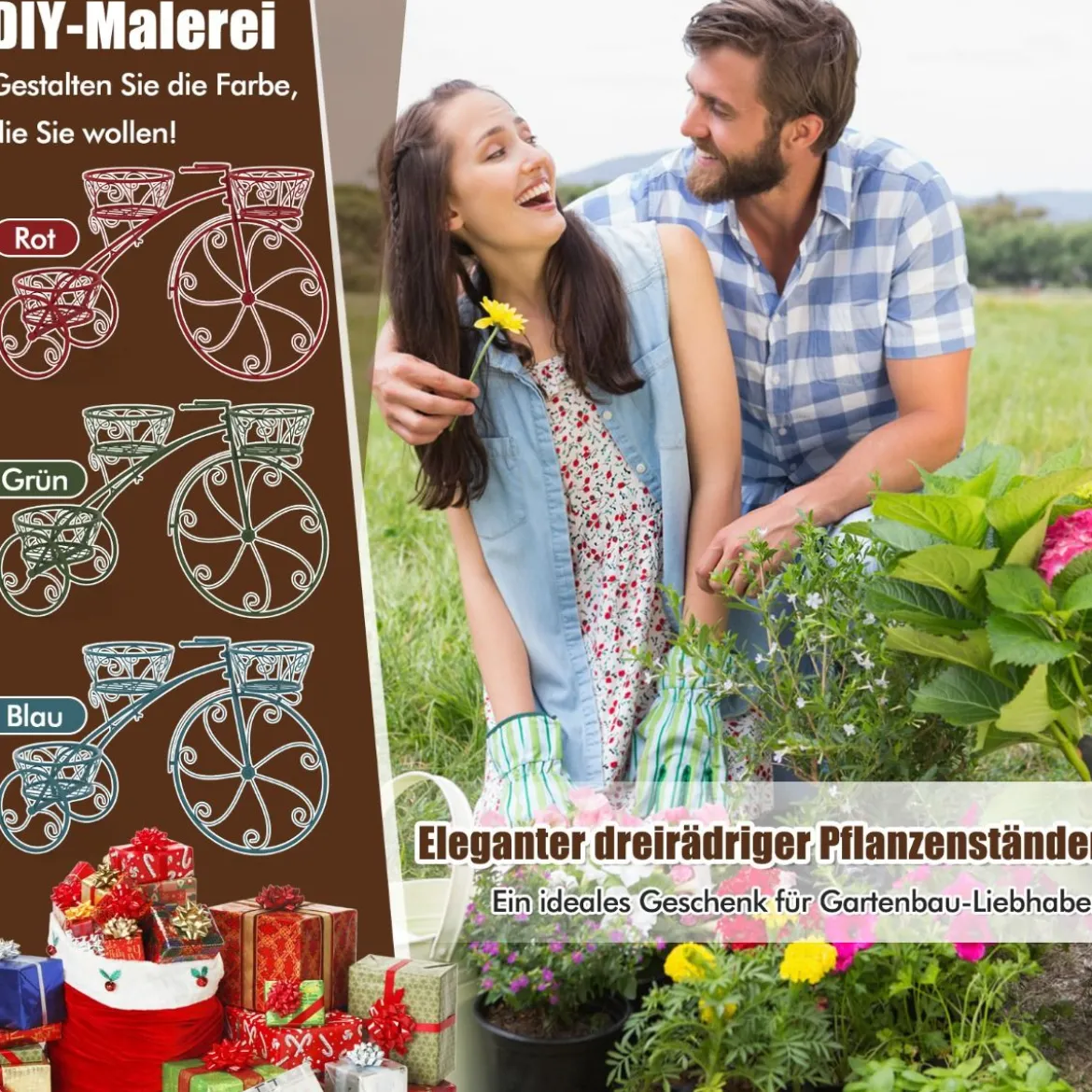 Metall Pflanzenständer mit Fahrrad-Design Blumenregal mit 3 Körben Blumenständer