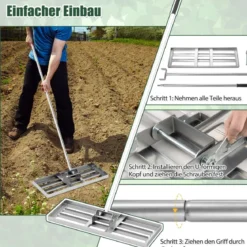 Metall Rasen Nivellierrechen mit Ergonomischem Griff für den Boden Rasenrechen 75 x 25 cm