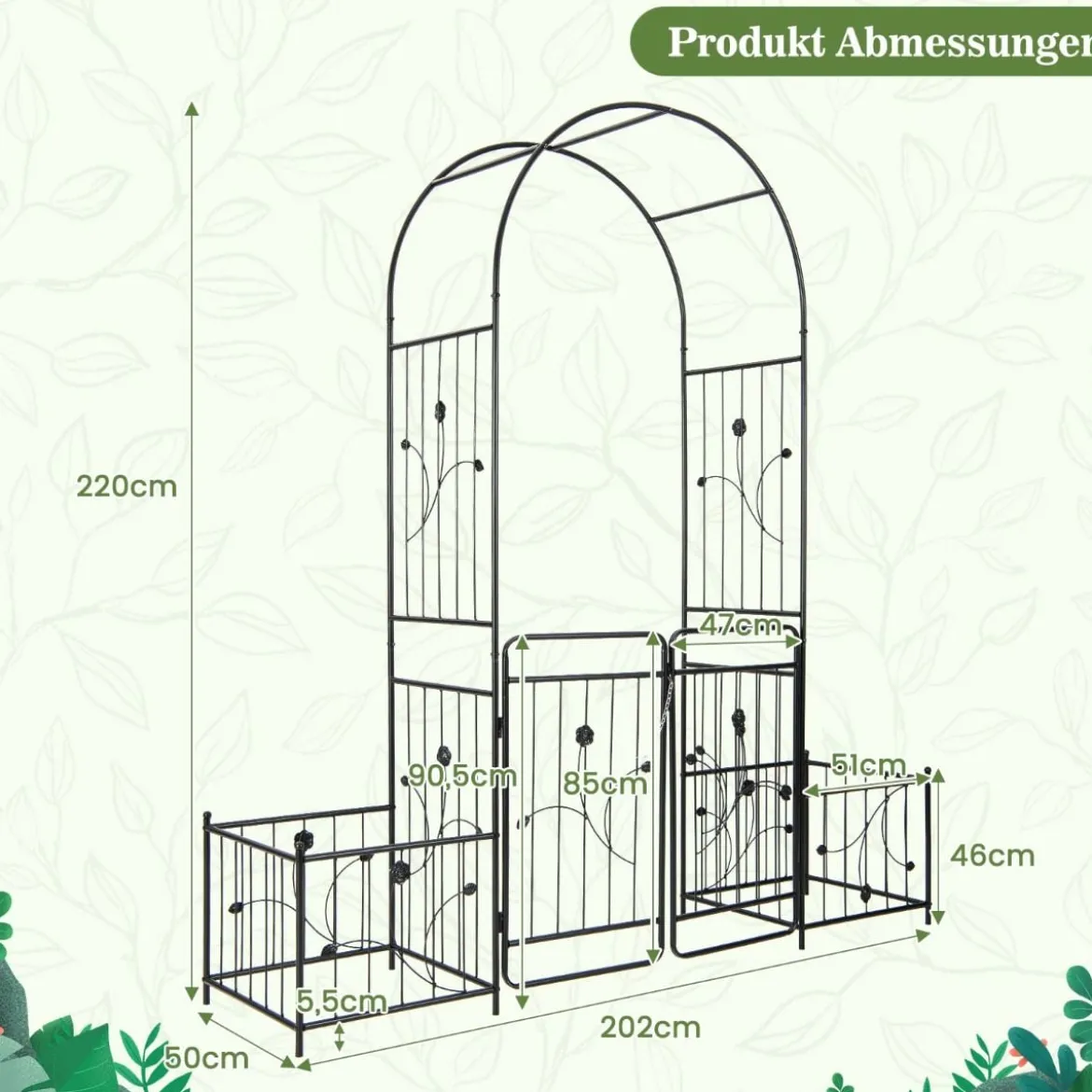 Metall Rosenbogen mit Tür & 2 Pflanzgefäßen Gartenbogen 202 x 50 x 220 cm Schwarz