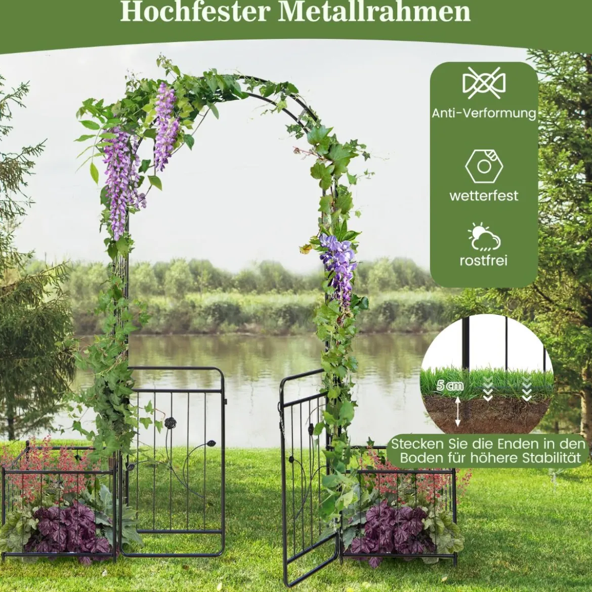 Metall Rosenbogen mit Tür & 2 Pflanzgefäßen Gartenbogen 202 x 50 x 220 cm Schwarz