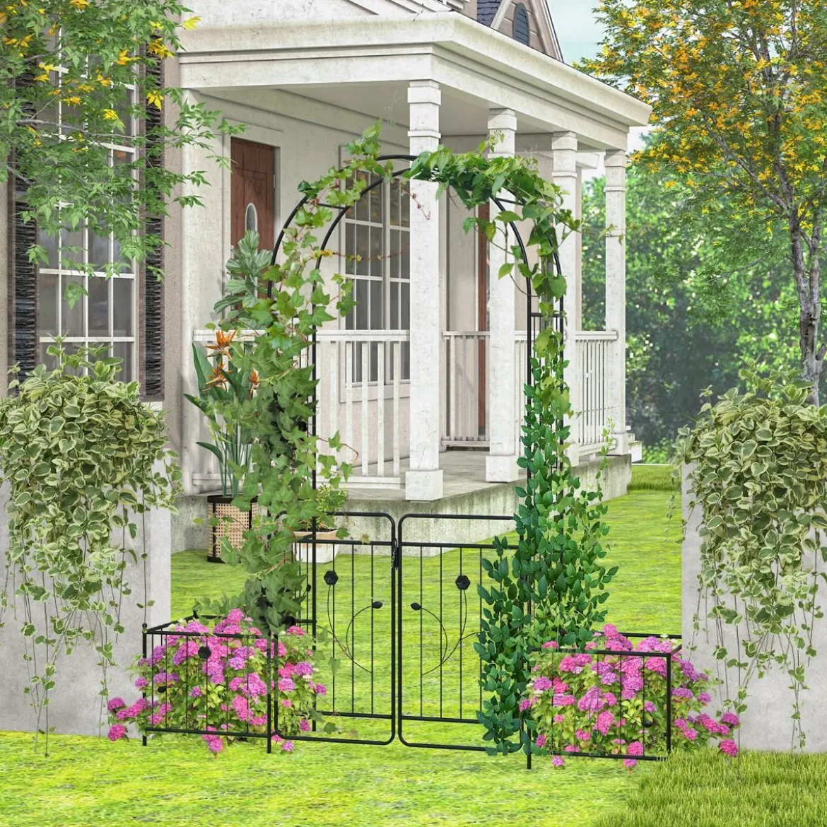 Metall Rosenbogen mit Tür & 2 Pflanzgefäßen Gartenbogen 202 x 50 x 220 cm Schwarz