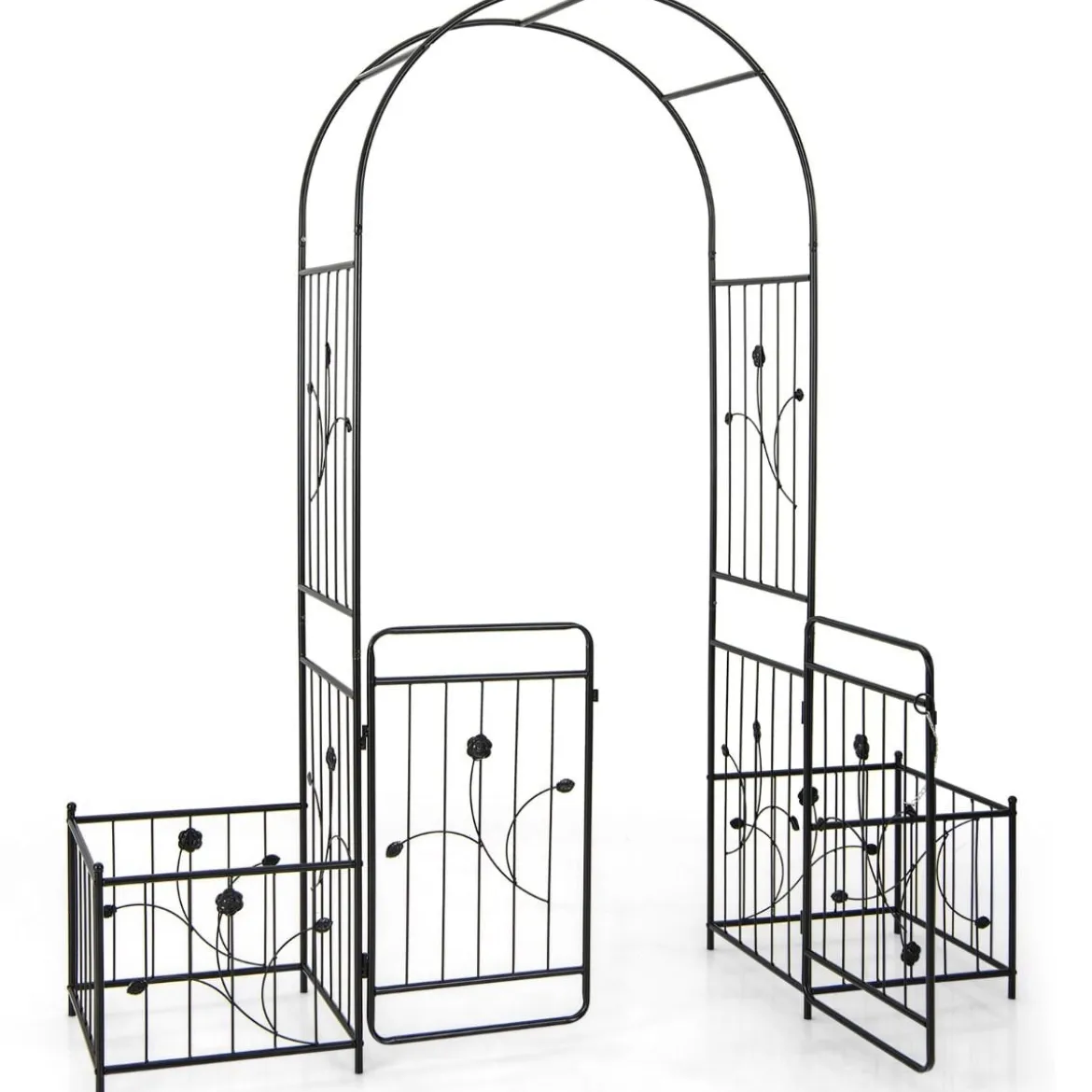 Metall Rosenbogen mit Tür & 2 Pflanzgefäßen Gartenbogen 202 x 50 x 220 cm Schwarz