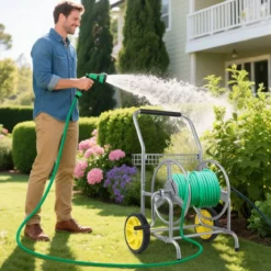 Metall Schlauchwagen 70 m für 16 mm Schlauch Gartenschlauchwagen Schlauchtrommel Silber