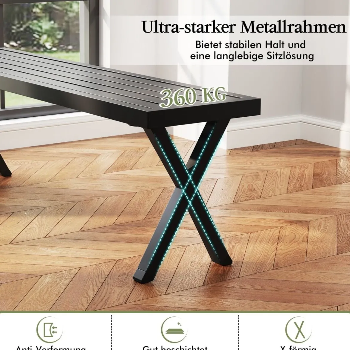 Metall 3-Sitzer Gartenbank ohne Rückenlehne Wetterfeste Sitzbank Balkonbank Parkbank