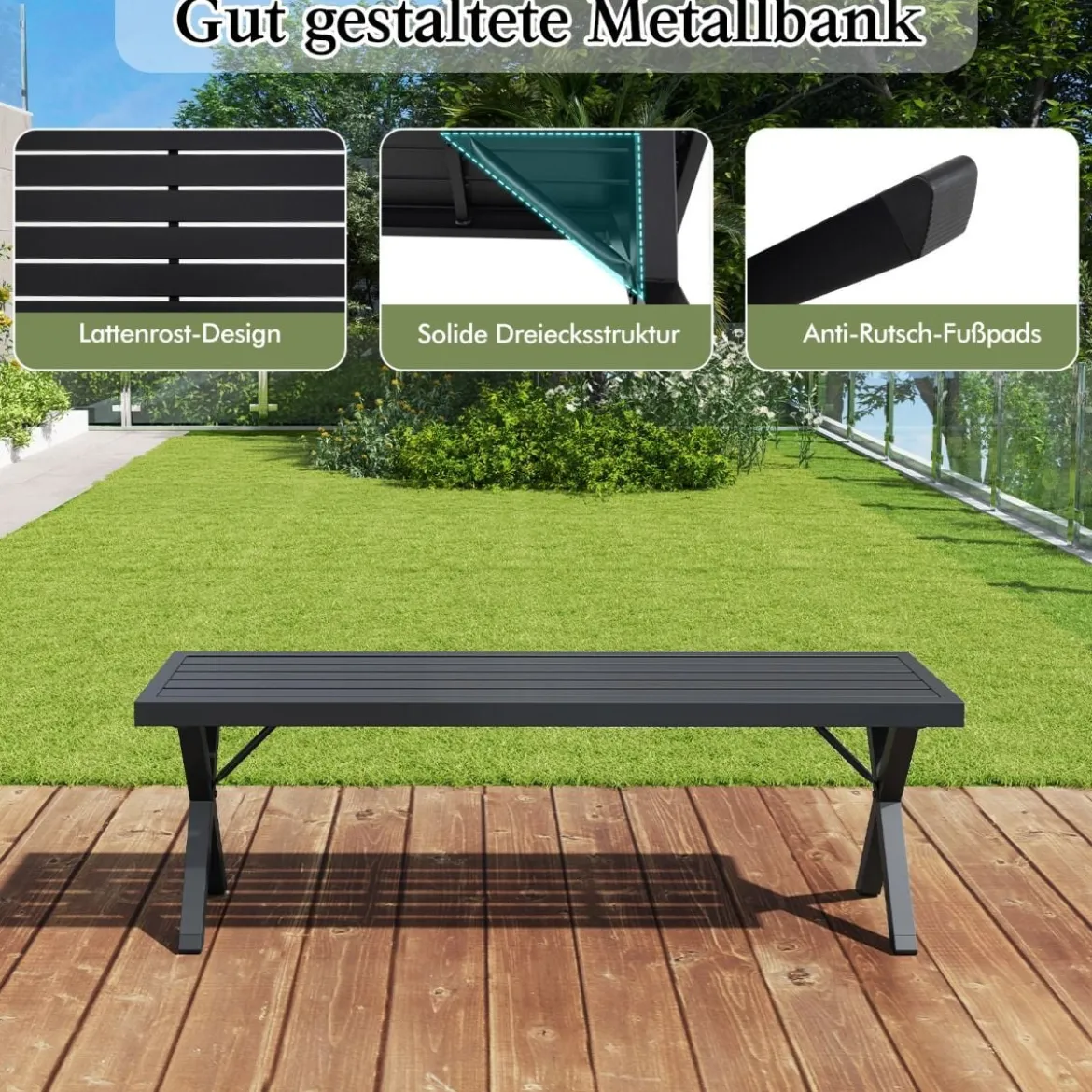 Metall 3-Sitzer Gartenbank ohne Rückenlehne Wetterfeste Sitzbank Balkonbank Parkbank
