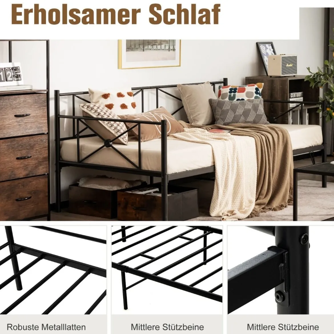 Metall-Tagesbettrahmen Modernes Schlafsofa Stahllatten-Stützmatratze Schwarz
