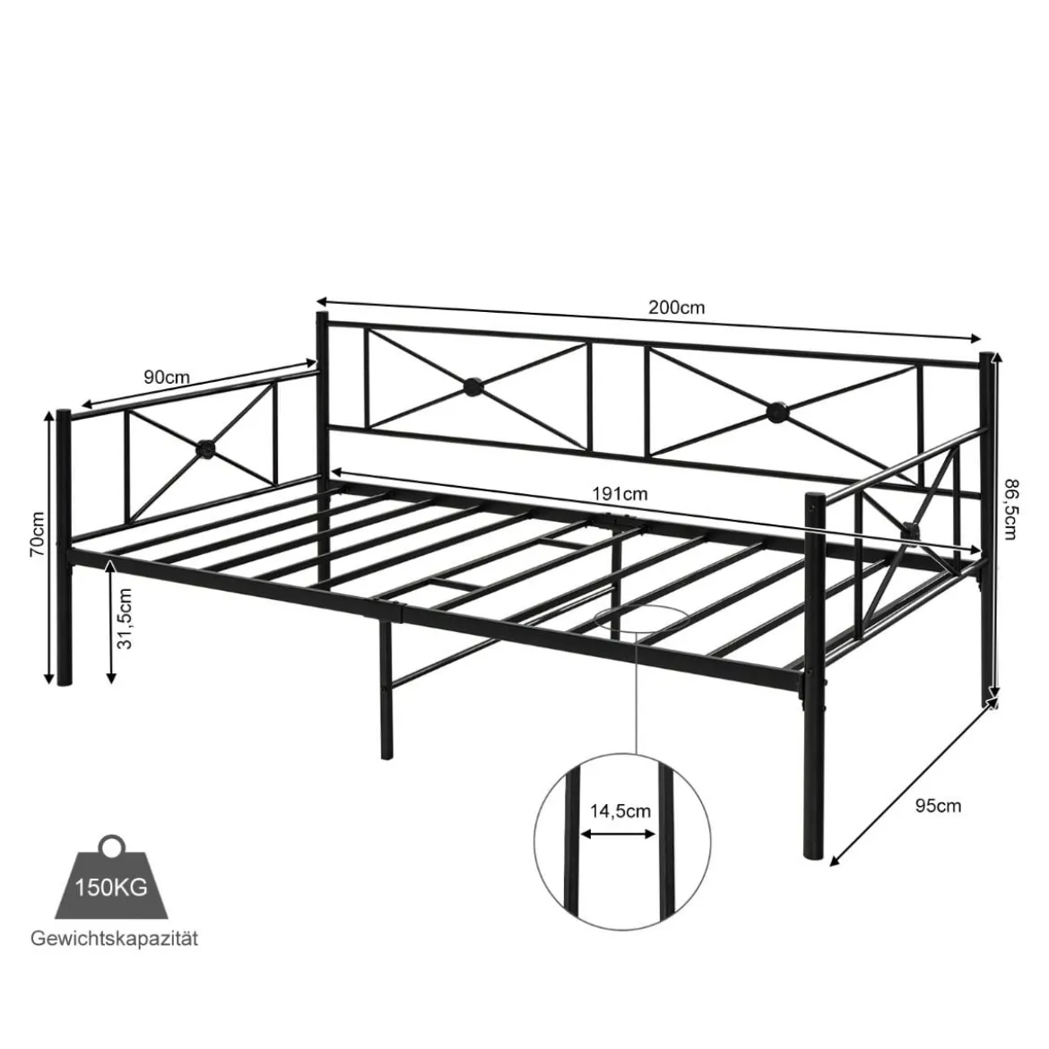 Metall-Tagesbettrahmen Modernes Schlafsofa Stahllatten-Stützmatratze Schwarz