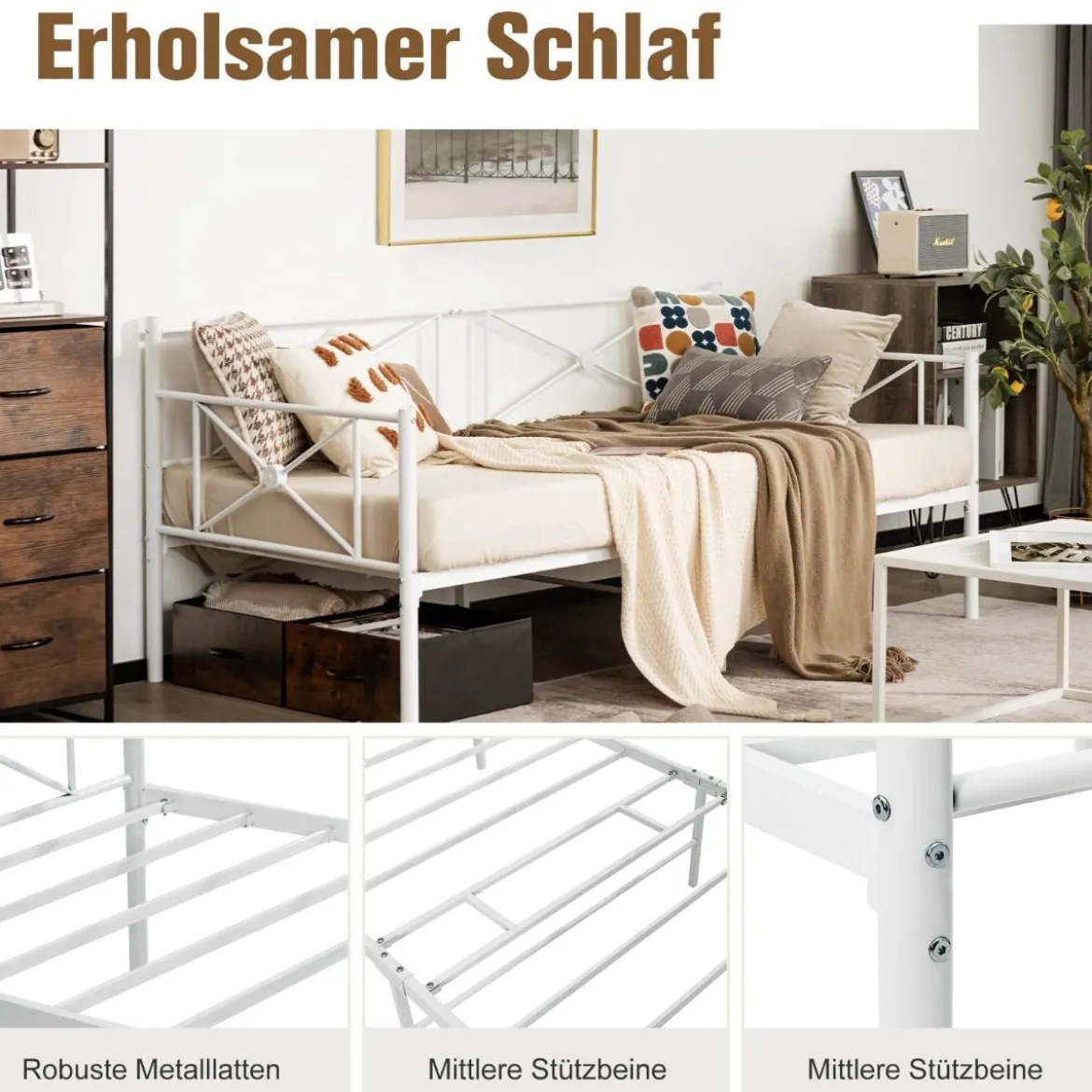 Metall-Tagesbettrahmen Modernes Schlafsofa Stahllatten-Stützmatratze Weiß