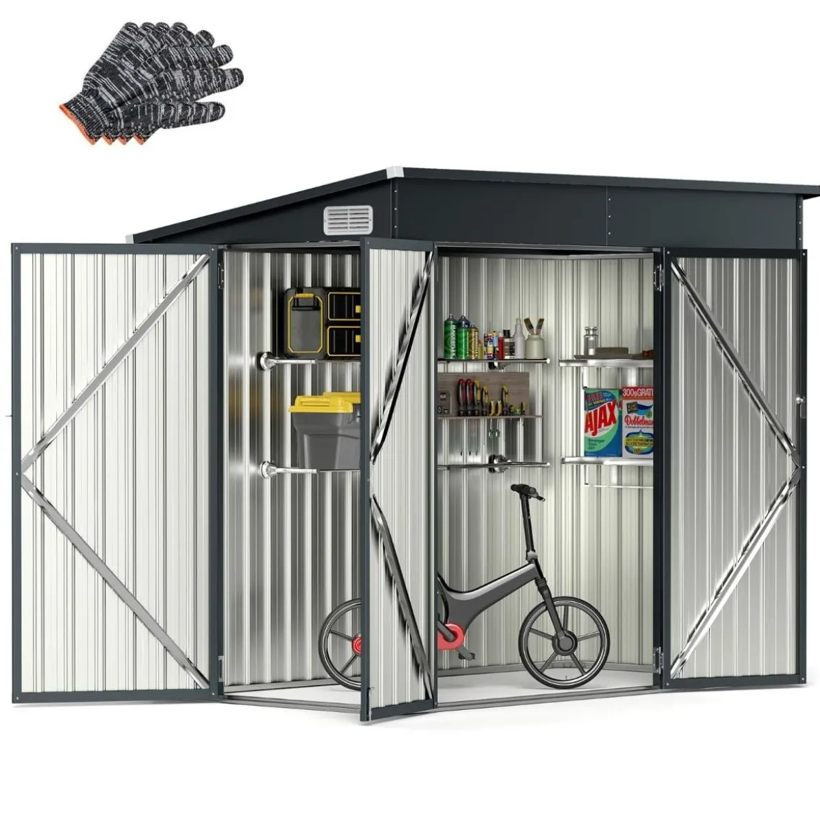 Metall 2 Türen Geräteschuppen Outdoor Werkzeughaus mit geneigtem Dach 235 x 117 x 185 cm