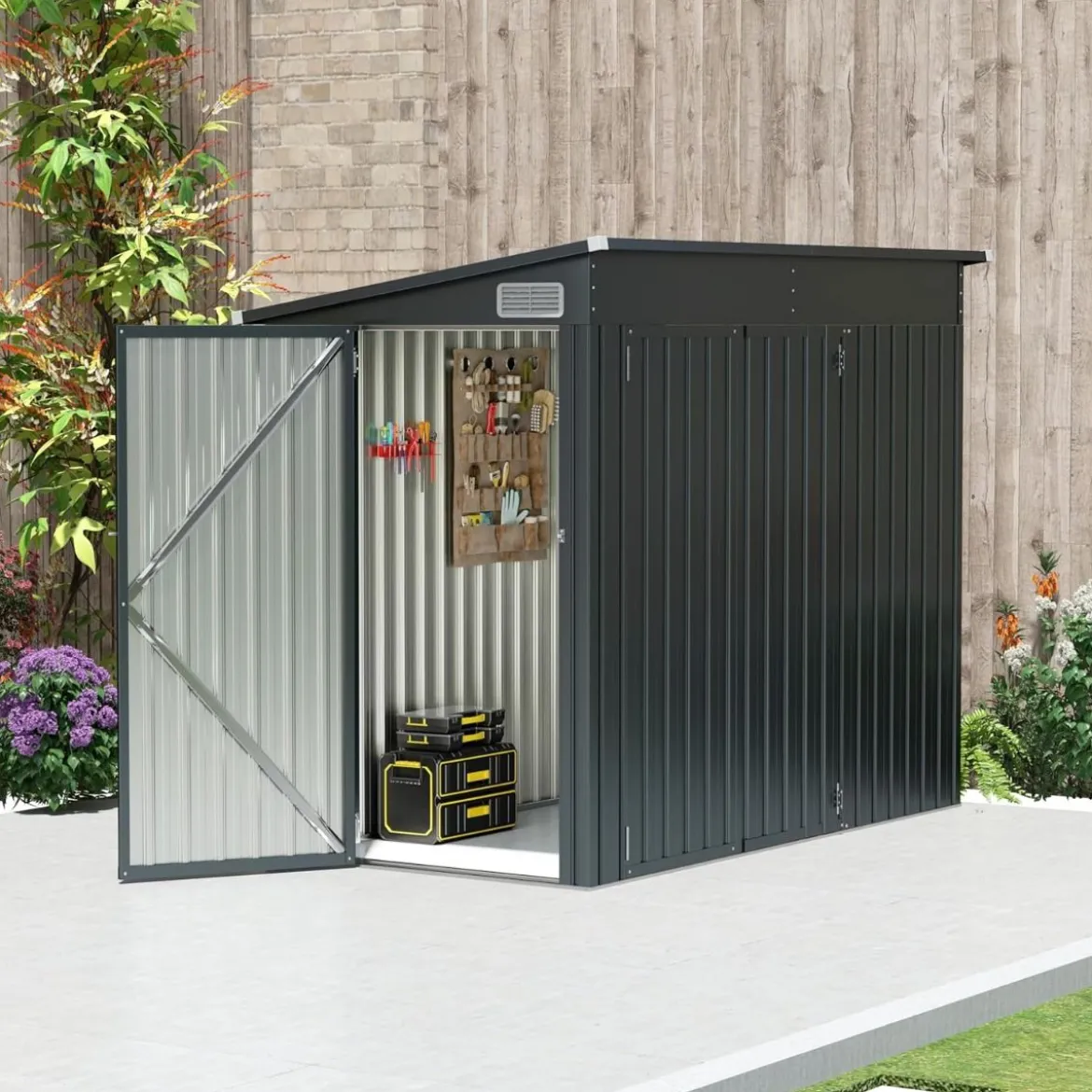 Metall 2 Türen Geräteschuppen Outdoor Werkzeughaus mit geneigtem Dach 235 x 117 x 185 cm