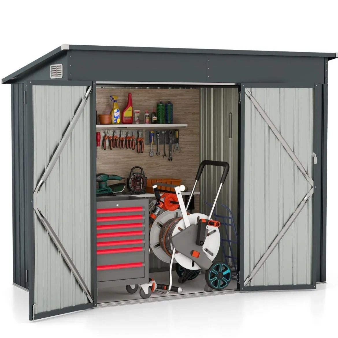 Metall 2 Türen Geräteschuppen Outdoor Werkzeughaus mit geneigtem Dach 235 x 117 x 185 cm