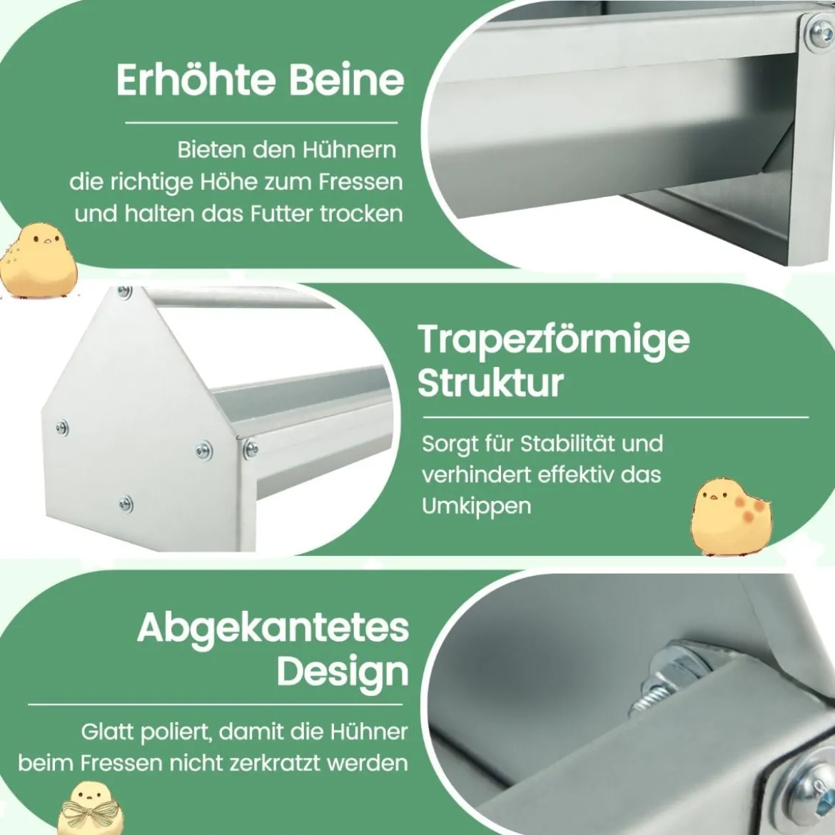 Metalltrog für Hühnerfutter Kornspender aus Verzinktem Metall mit Abflusslöchern & Drehbarem Griff