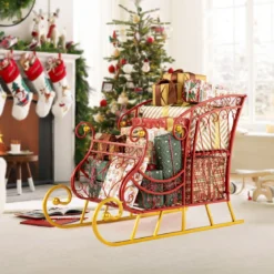Metall-Weihnachtsmann-Schlittenkorb 2-stöckiger Geschenk-Aufbewahrungsschlitten festlicher dekorativer Schlittenwagen Rot