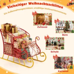 Metall-Weihnachtsmann-Schlittenkorb 2-stöckiger Geschenk-Aufbewahrungsschlitten festlicher dekorativer Schlittenwagen Rot