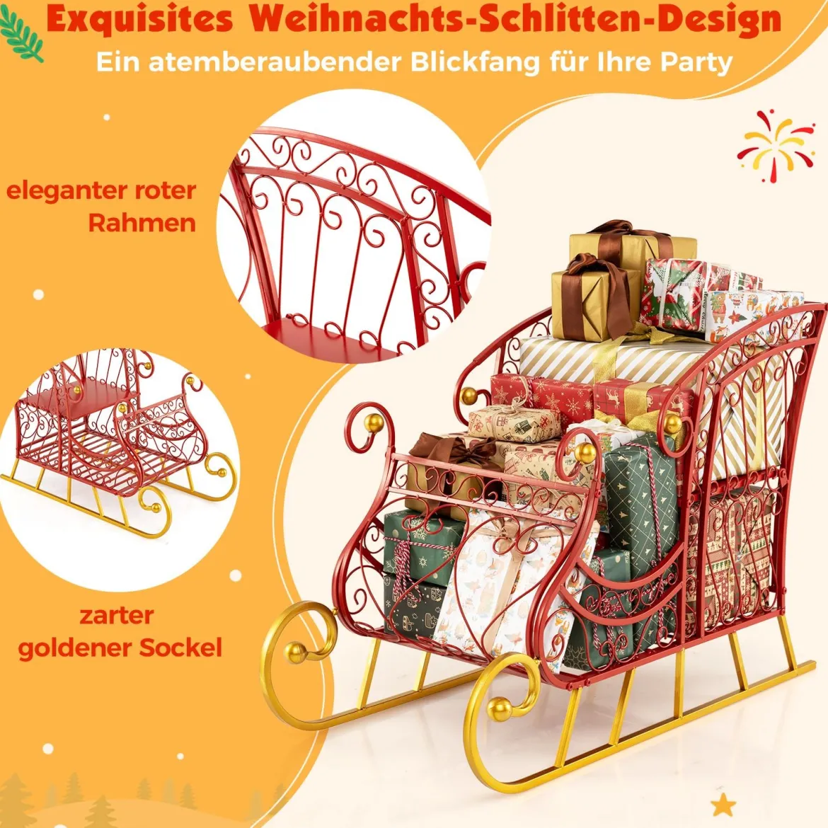 Metall-Weihnachtsmann-Schlittenkorb 2-stöckiger Geschenk-Aufbewahrungsschlitten festlicher dekorativer Schlittenwagen Rot