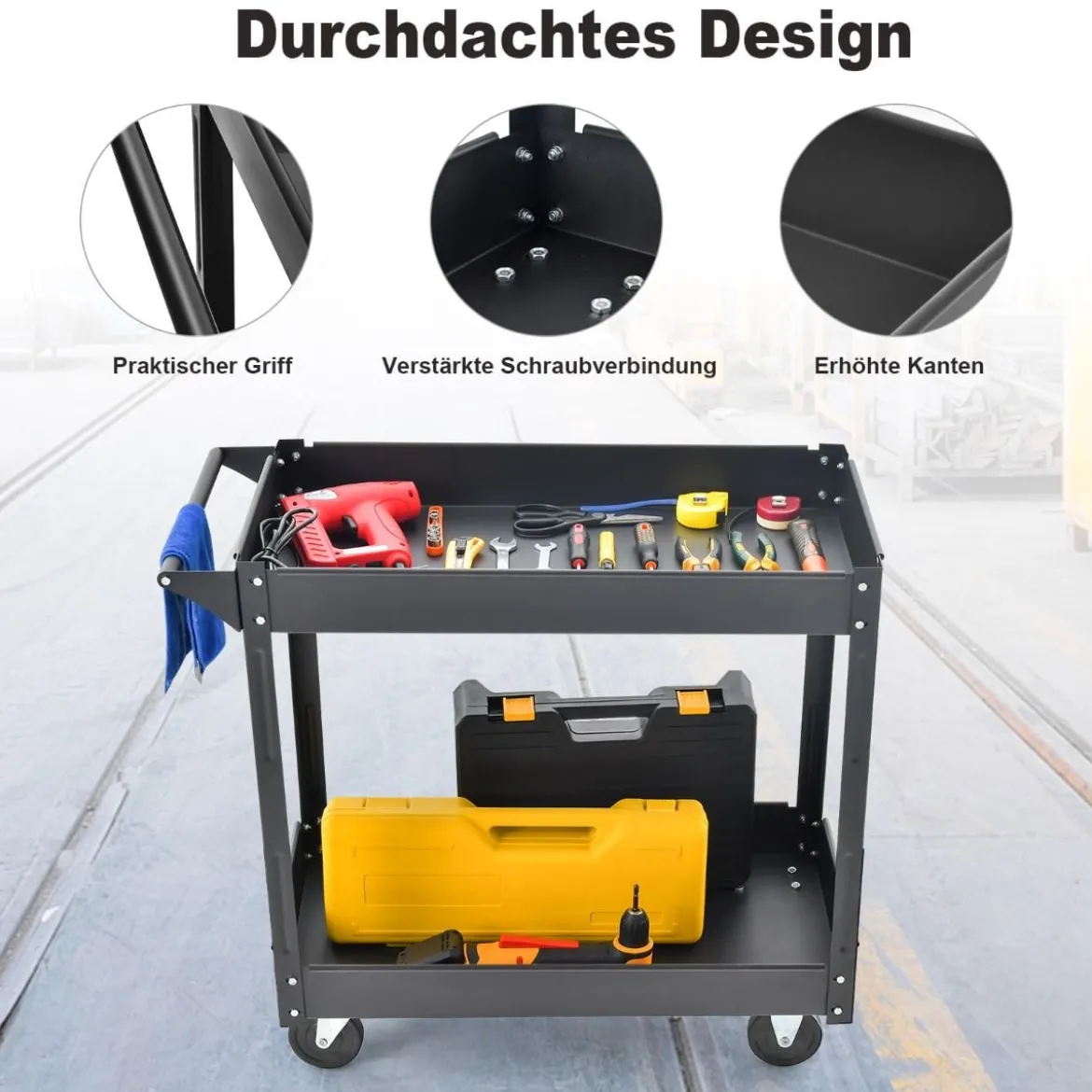Metall Werkstatt-Rollwagen mit 2 Etagen & Handgriff Mehrzweckwagen Schwarz