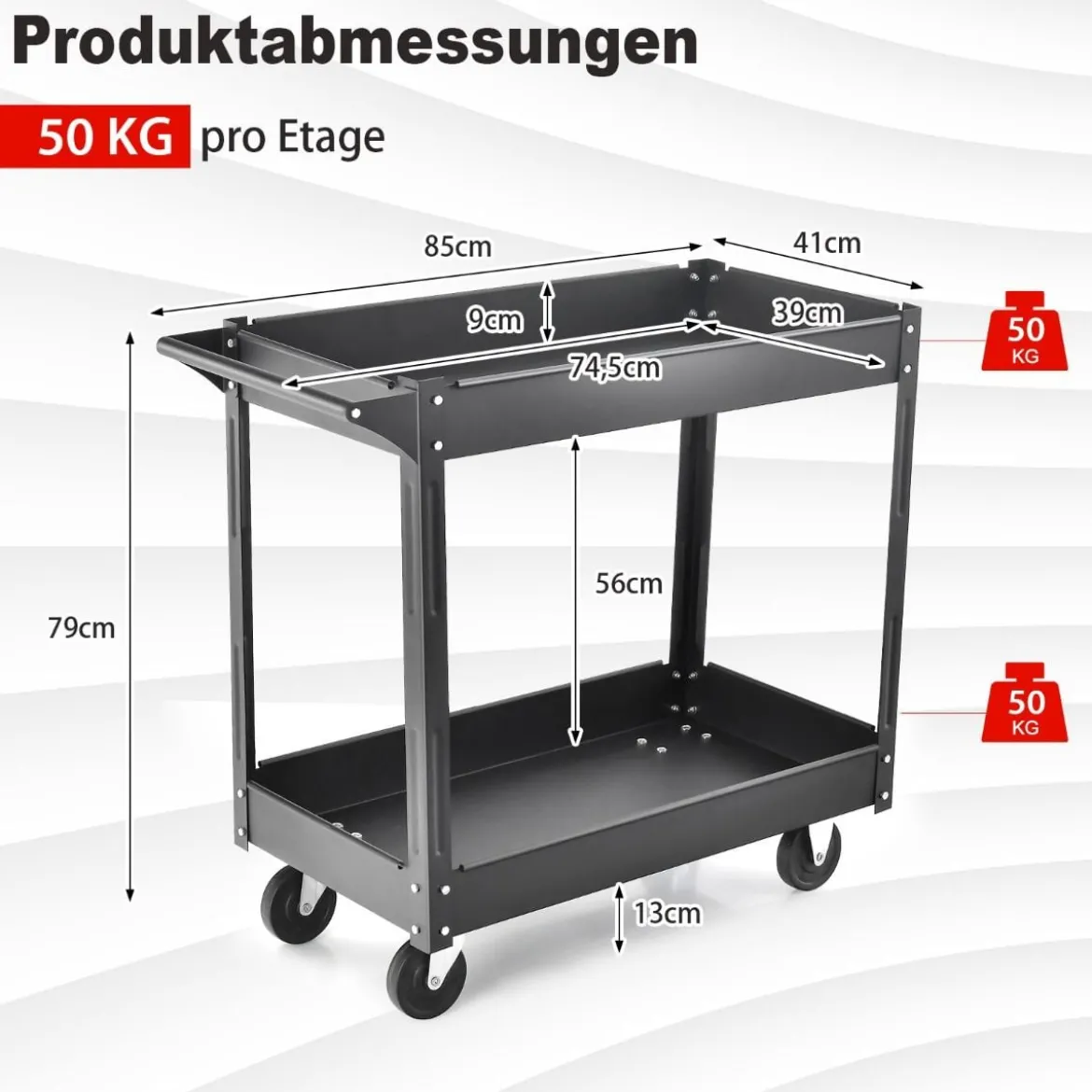 Metall Werkstatt-Rollwagen mit 2 Etagen & Handgriff Mehrzweckwagen Schwarz