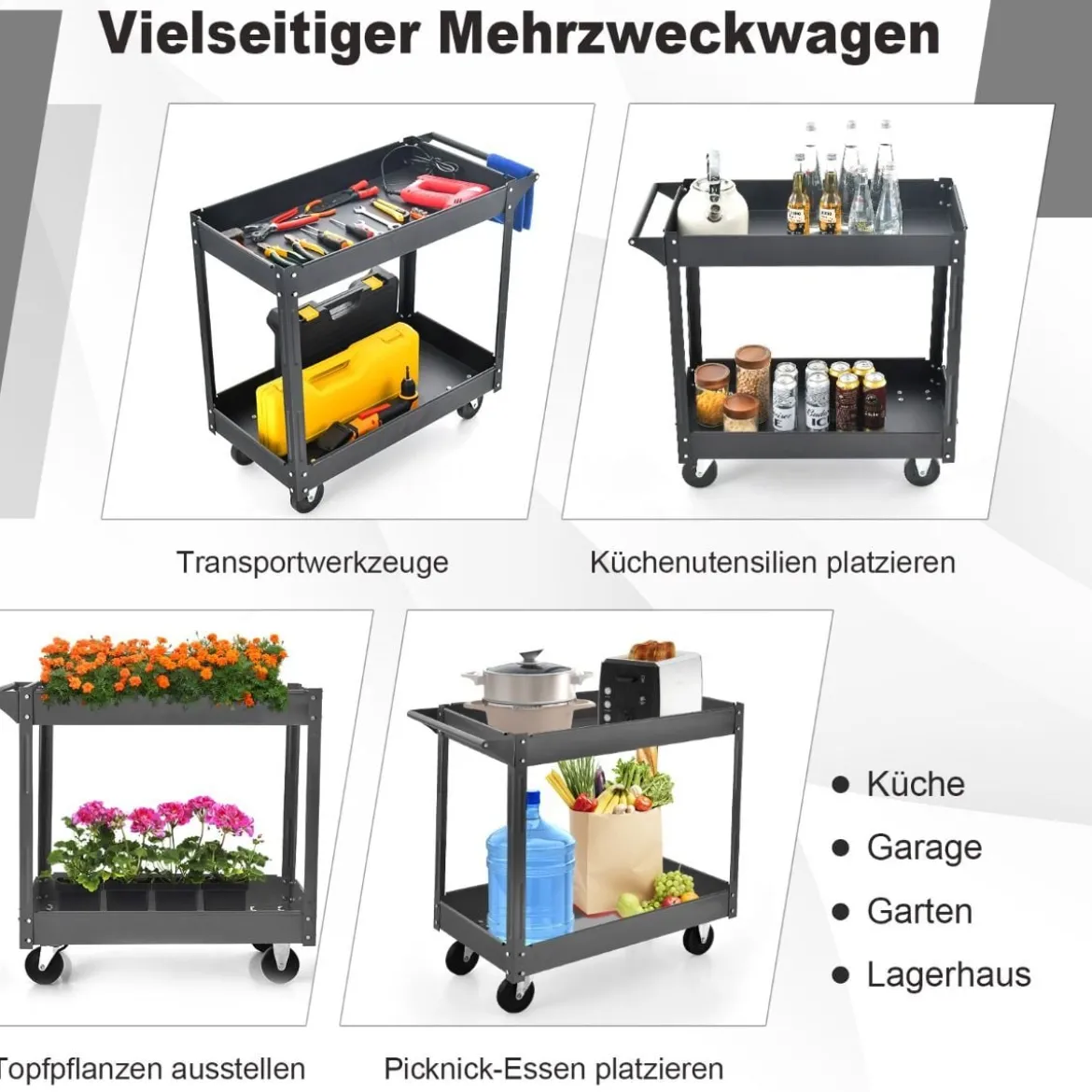 Metall Werkstatt-Rollwagen mit 2 Etagen & Handgriff Mehrzweckwagen Schwarz