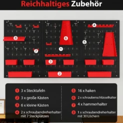Metall Werkzeugwand mit 9-teilige Aufbewahrungsboxen & Werkzeughaltern & Hake Rot
