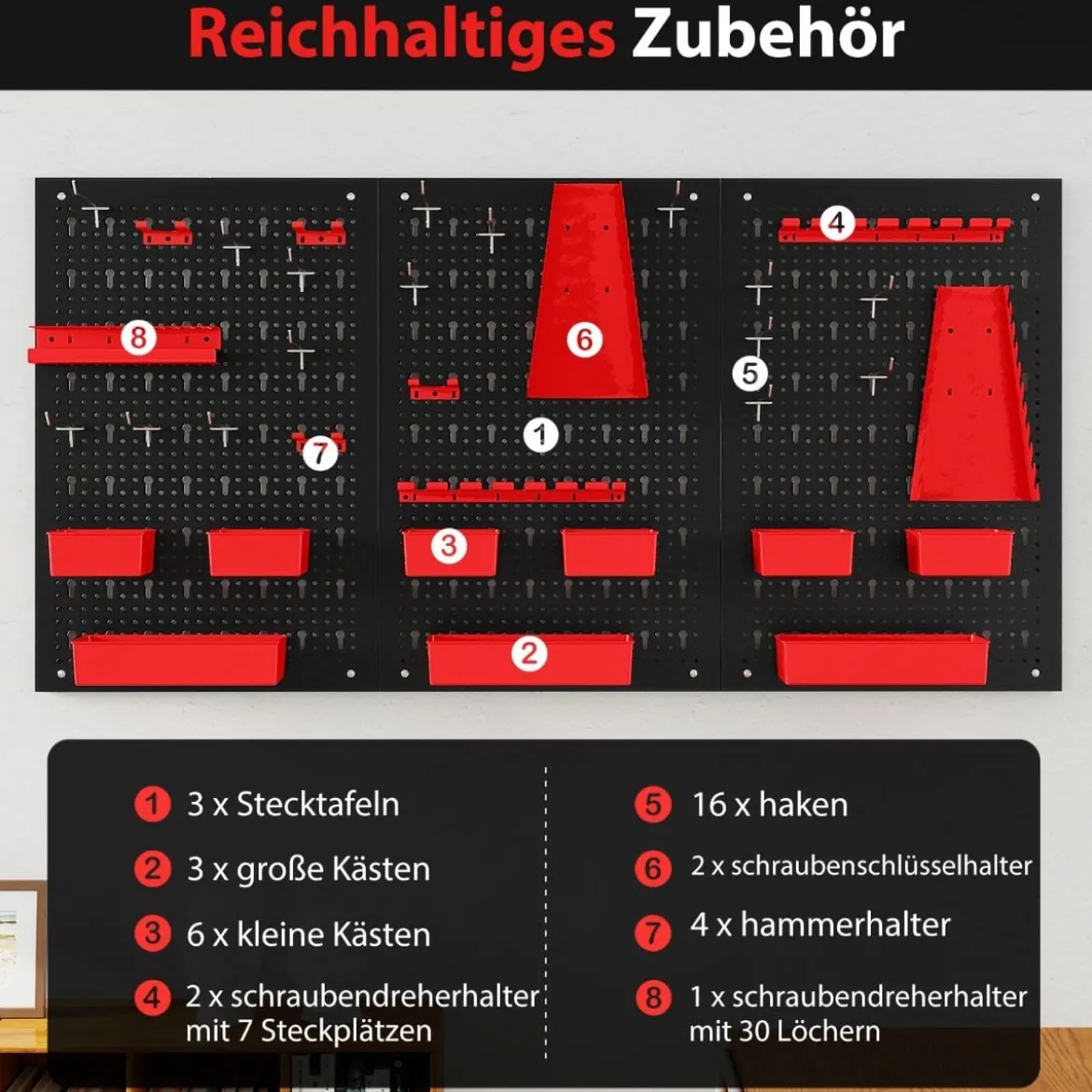 Metall Werkzeugwand mit 9-teilige Aufbewahrungsboxen & Werkzeughaltern & Hake Rot