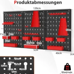 Metall Werkzeugwand mit 9-teilige Aufbewahrungsboxen & Werkzeughaltern & Hake Rot