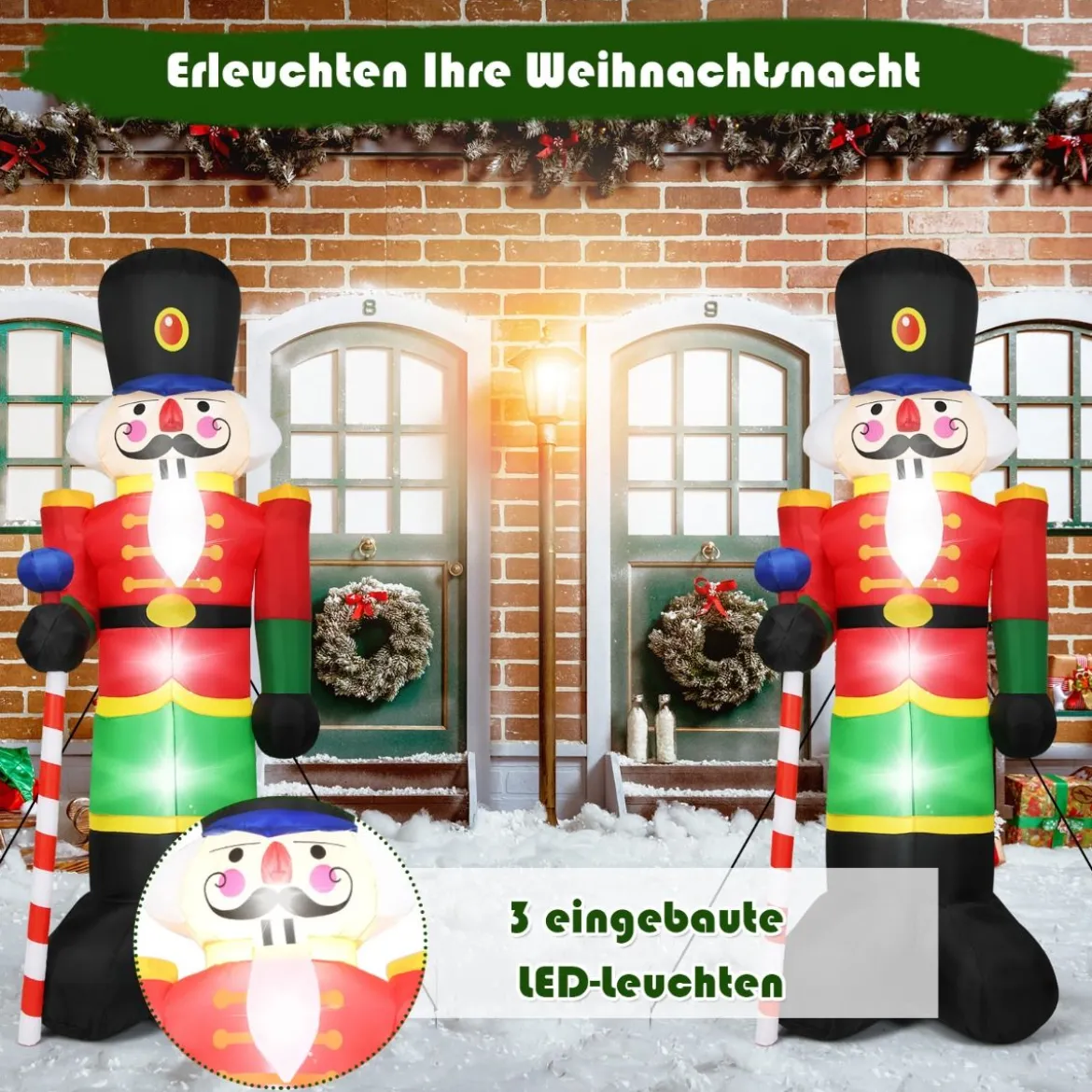 2,4 m hoher Aufblasbarer Weihnachts-Nussknacker-Soldat mit 3 LED-Leuchten und Süßigkeiten-Stab Bunt