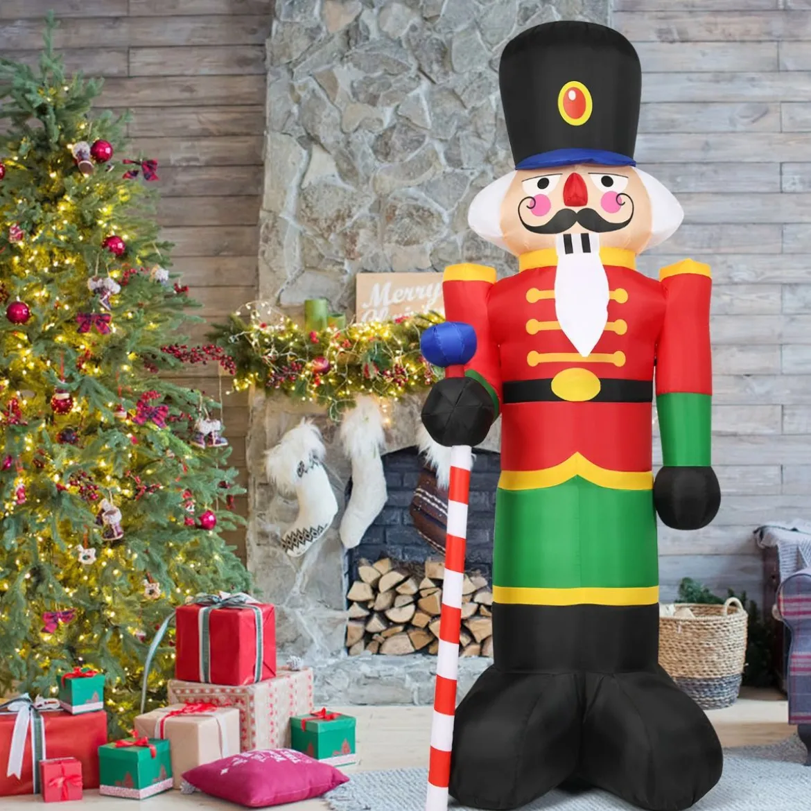 2,4 m hoher Aufblasbarer Weihnachts-Nussknacker-Soldat mit 3 LED-Leuchten und Süßigkeiten-Stab Bunt