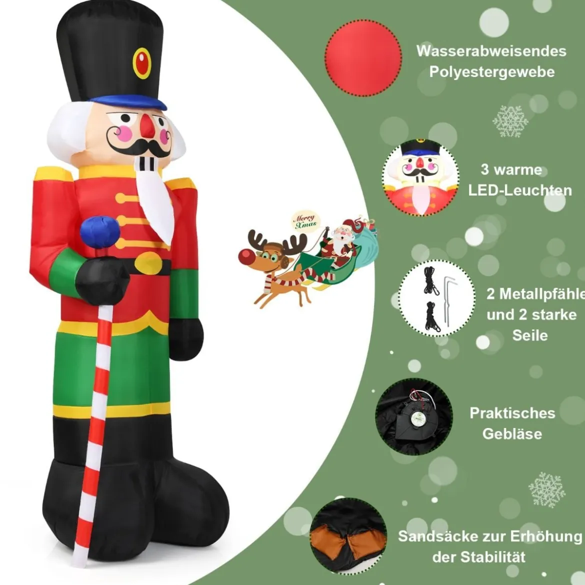 2,4 m hoher Aufblasbarer Weihnachts-Nussknacker-Soldat mit 3 LED-Leuchten und Süßigkeiten-Stab Bunt