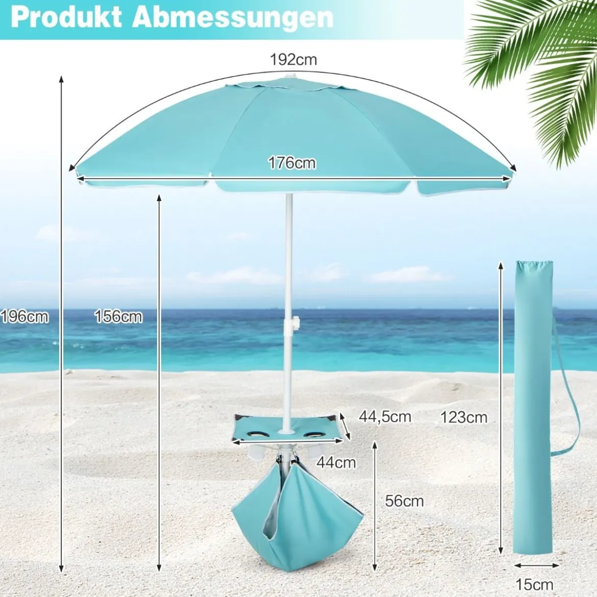 2 m Hoher Strandschirm mit Tisch & Sandsack Tragbarer Sonnenschirm Blau