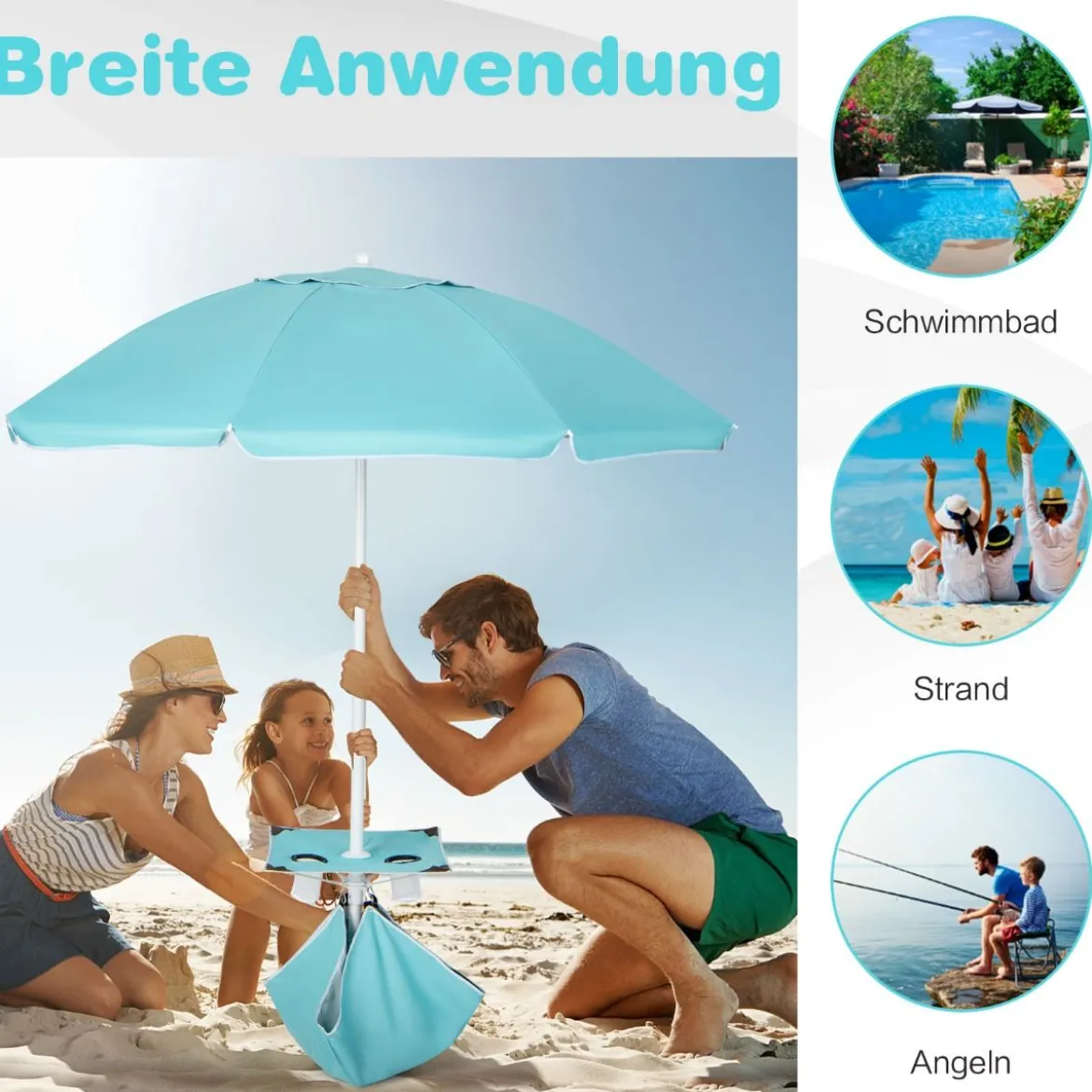 2 m Hoher Strandschirm mit Tisch & Sandsack Tragbarer Sonnenschirm Blau