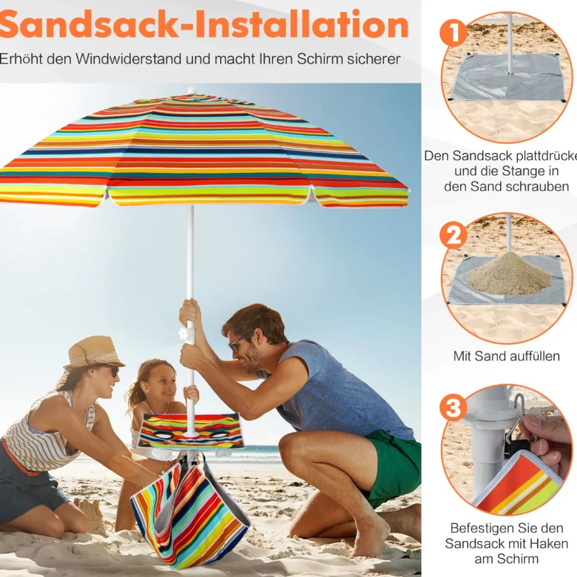 2 m Hoher Strandschirm mit Tisch & Sandsack Tragbarer Sonnenschirm Bunt