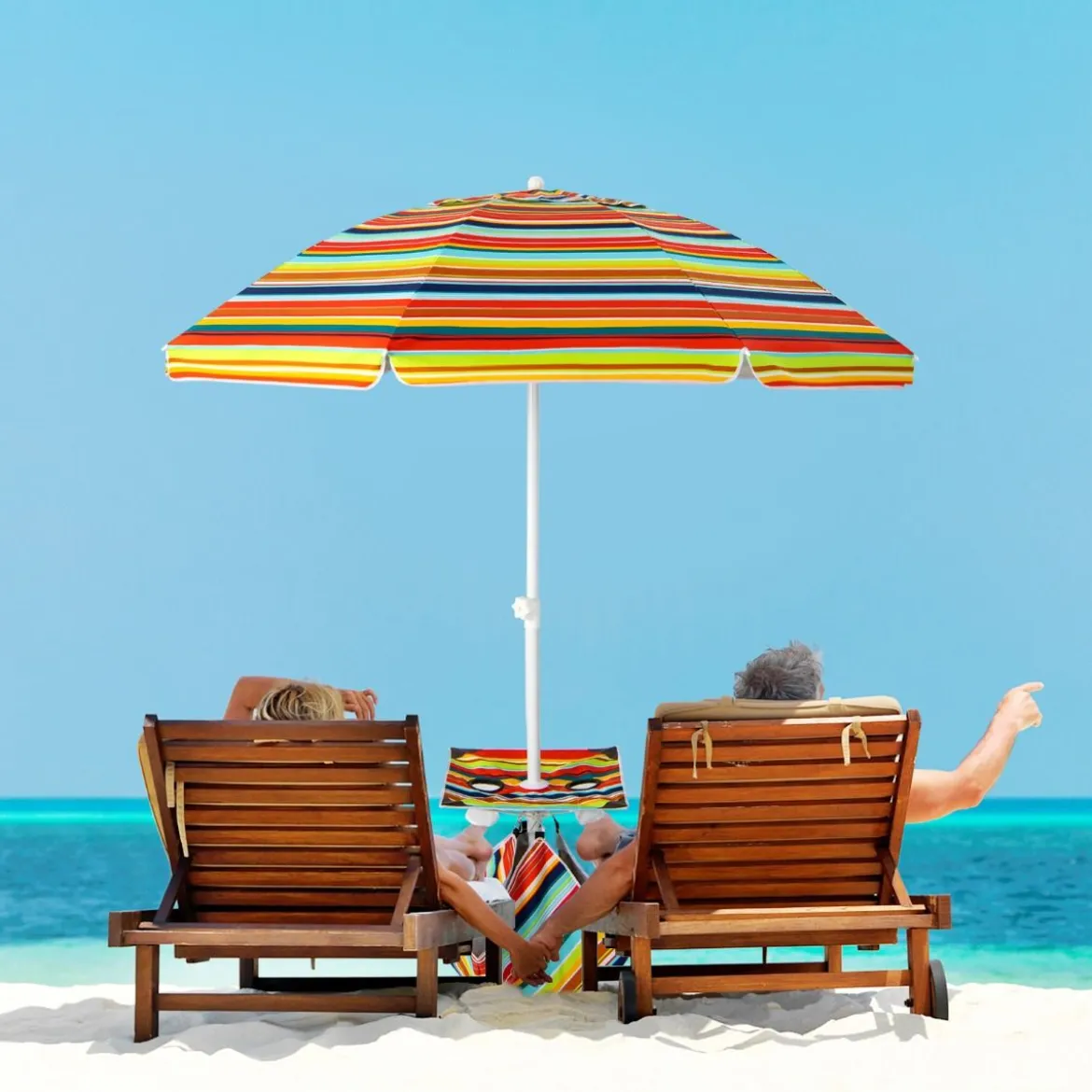 2 m Hoher Strandschirm mit Tisch & Sandsack Tragbarer Sonnenschirm Bunt