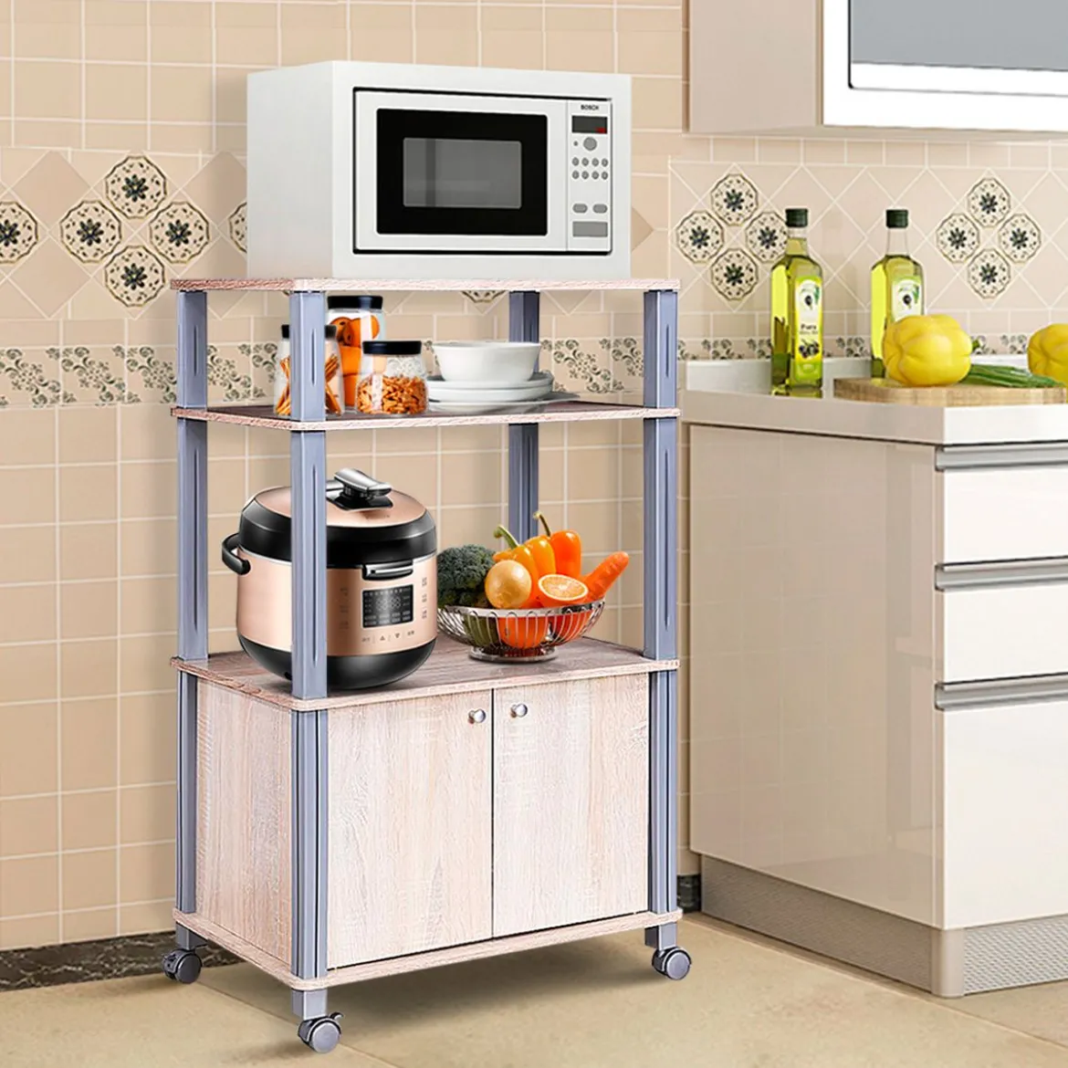 Mikrowellenregal Küchenregal Standregal mit Rollen Natur 60 x 40 x 98 cm