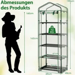Mini-Gewächshaus mit 5 Ebenen Regalen & PE-Abdeckung & Aufrollbarem Reißverschlusstür Weiß