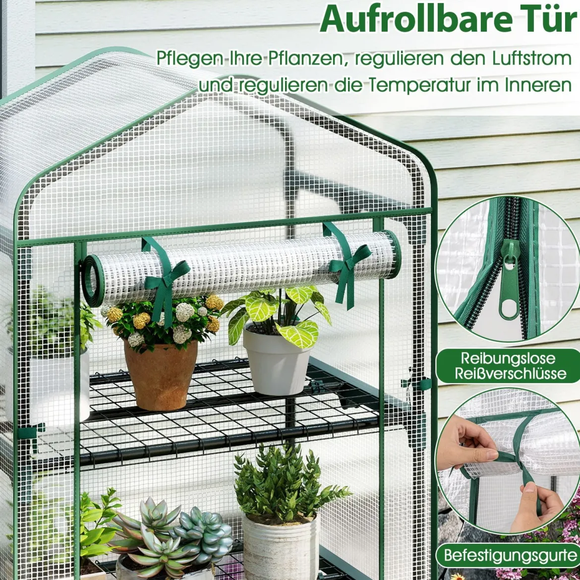 Mini-Gewächshaus mit 5 Ebenen Regalen & PE-Abdeckung & Aufrollbarem Reißverschlusstür Weiß
